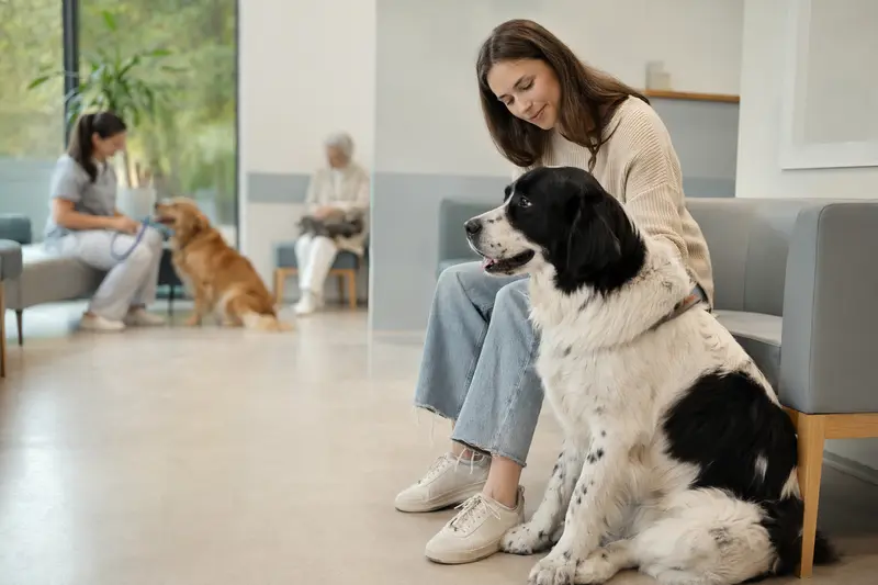 Ein Landseer Hund sitzt ruhig neben seinem Besitzer im hellen Wartezimmer einer modernen Tierarztpraxis.